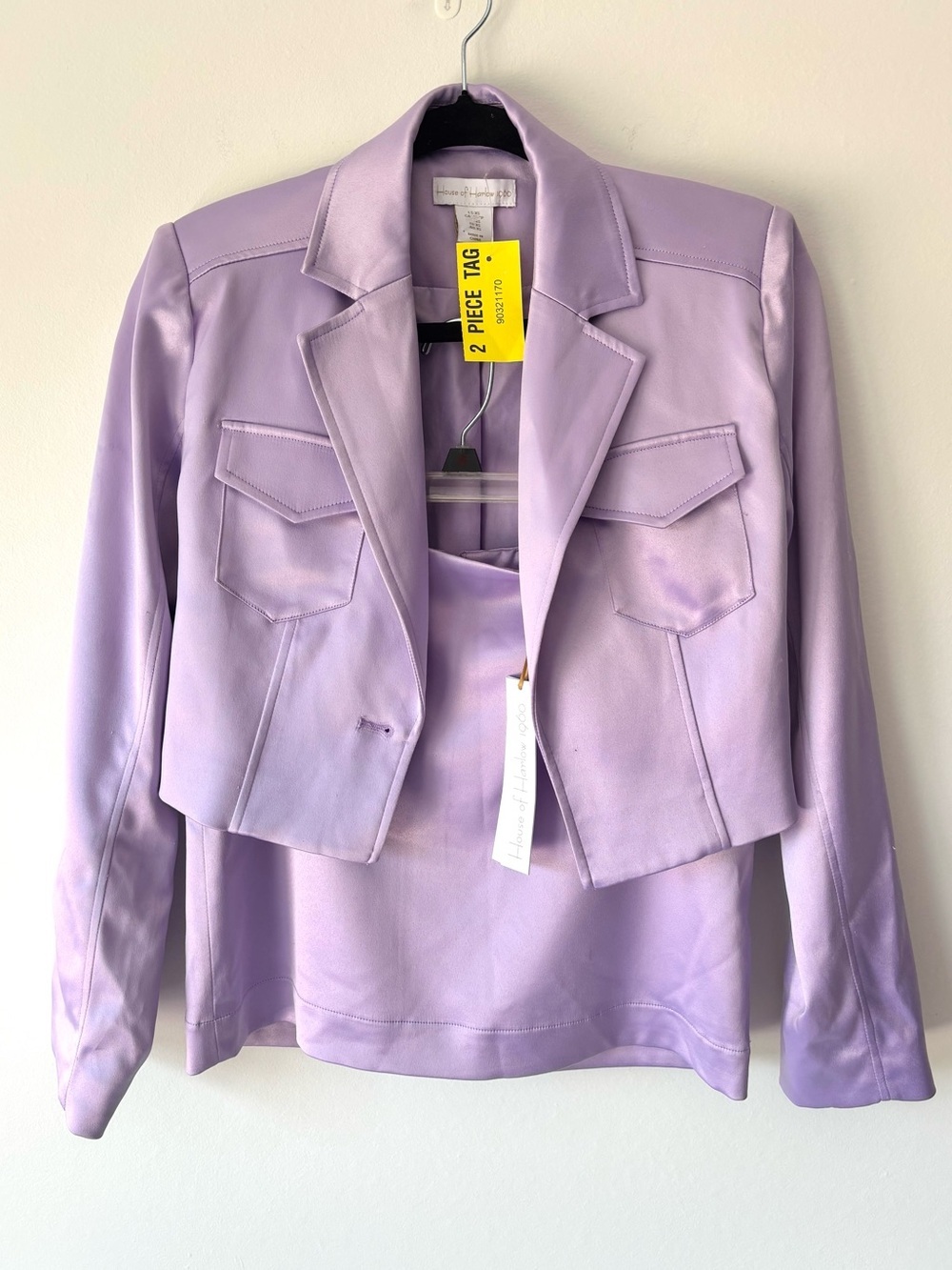 House of Harlow 1960 Lilac Purple Satin Cropped Blazer Skirt Set Office Siren